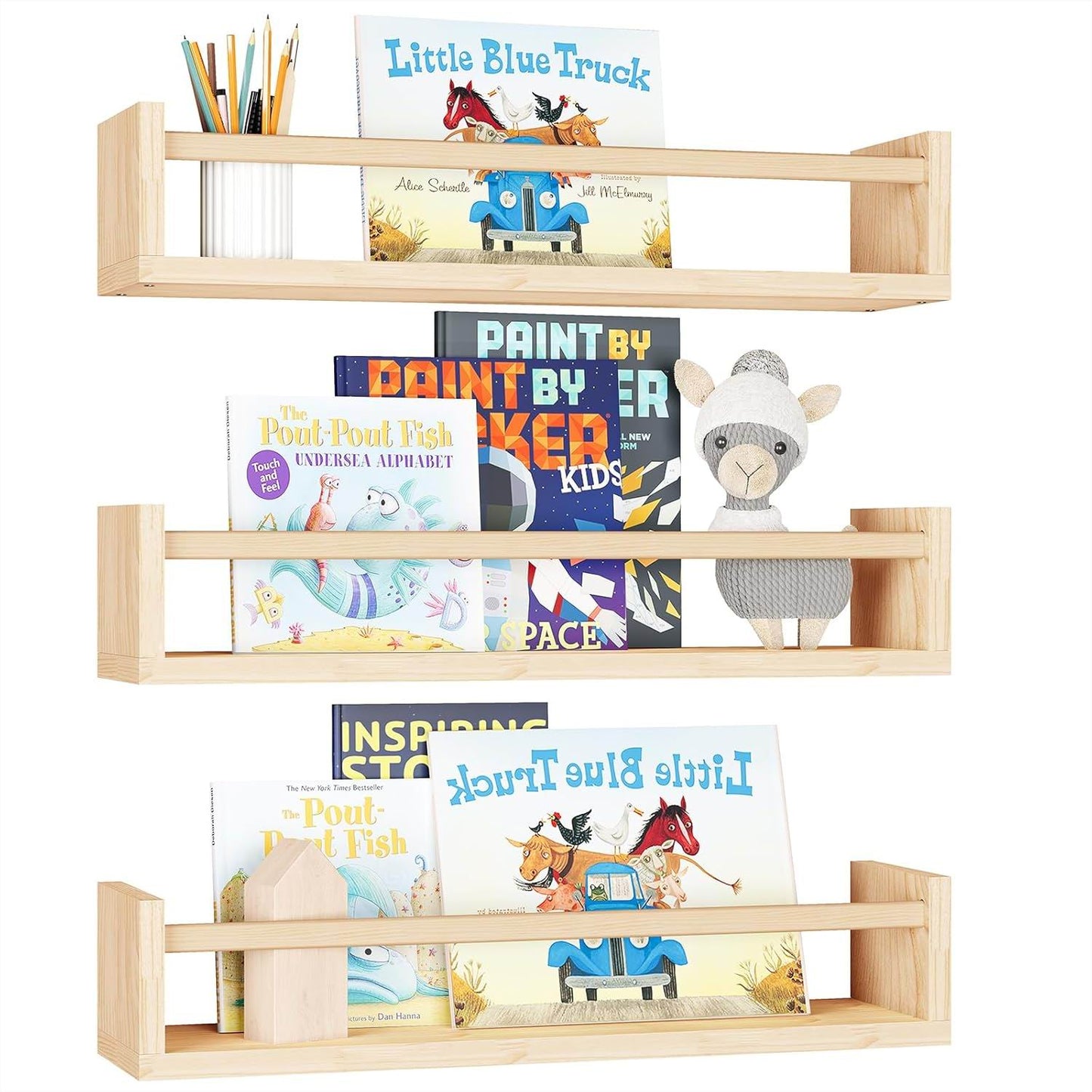 Boudoir Bow-Front Ledge Shelves with Rail – 3-Piece Set (Natural)