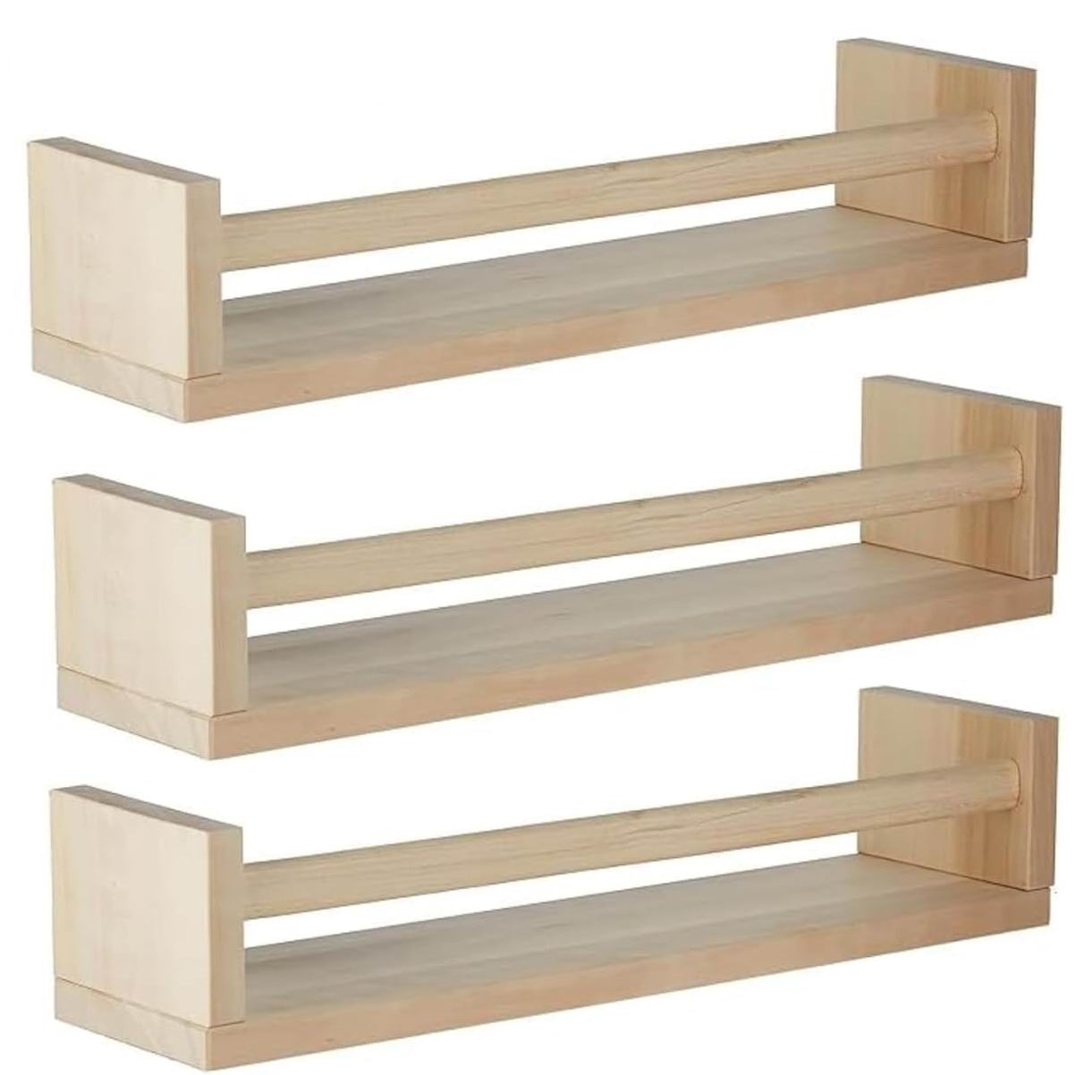 Boudoir Bow-Front Ledge Shelves with Rail – 3-Piece Set (Natural)