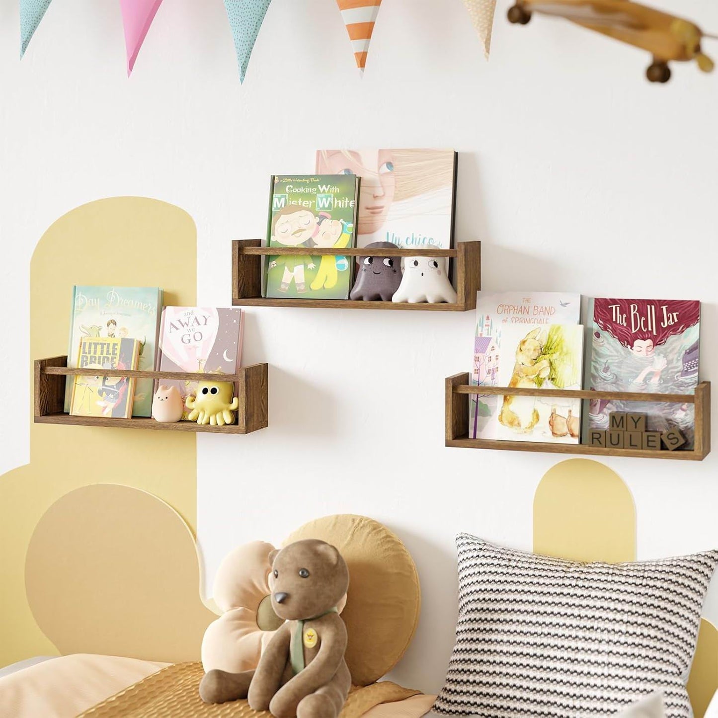 Boudoir Bow-Front Ledge Shelves with Rail – 3-Piece Set (Brown)