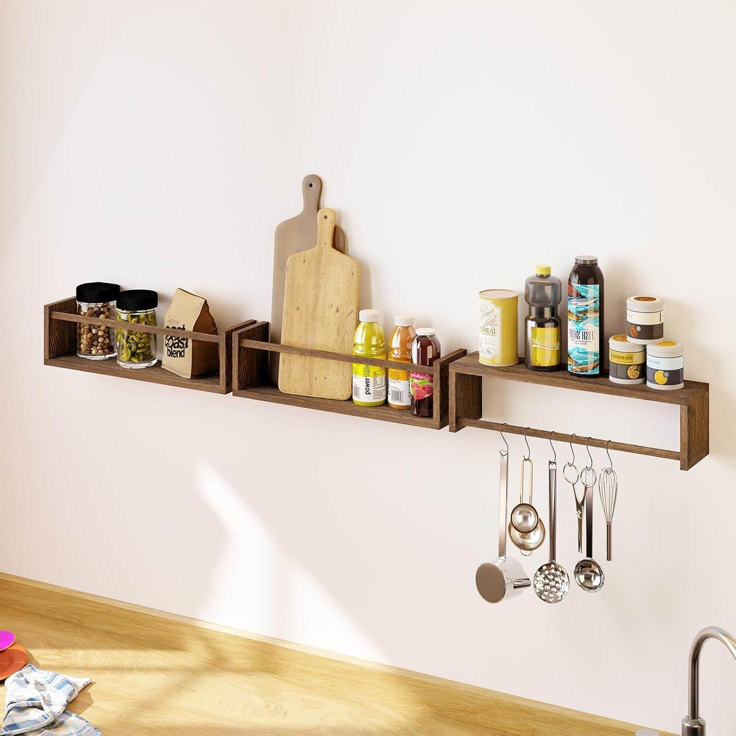 Boudoir Bow-Front Ledge Shelves with Rail – 3-Piece Set (Brown)