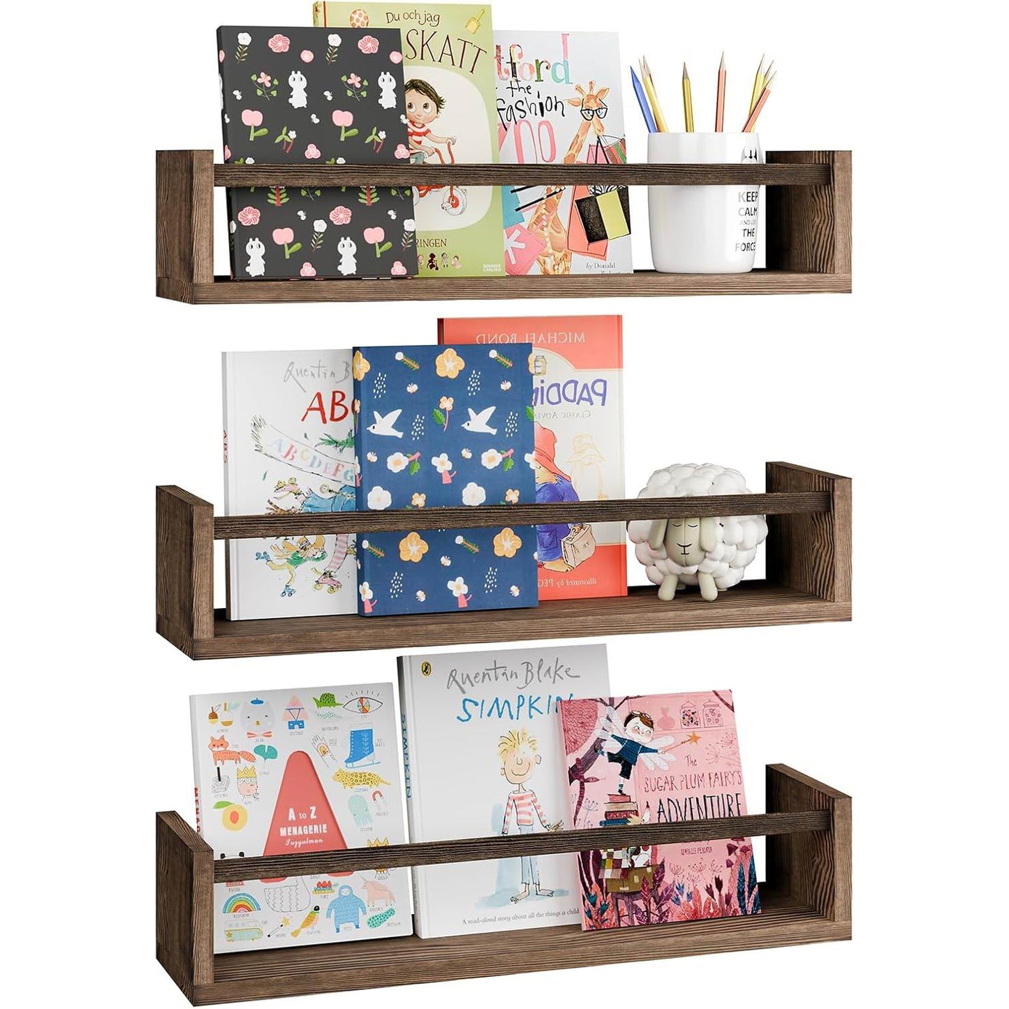 Boudoir Bow-Front Ledge Shelves with Rail – 3-Piece Set (Brown)
