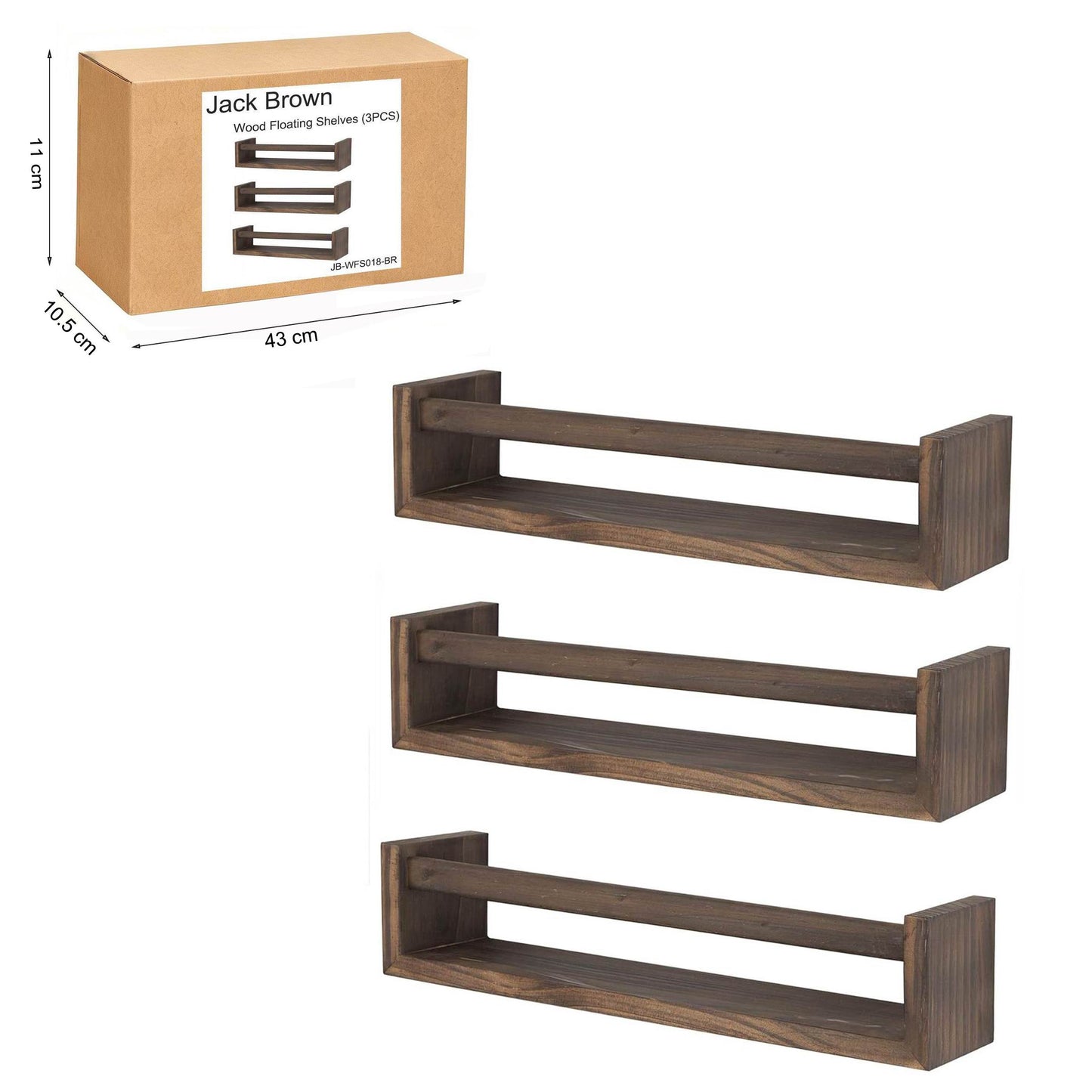 Boudoir Bow-Front Ledge Shelves with Rail – 3-Piece Set (Brown)