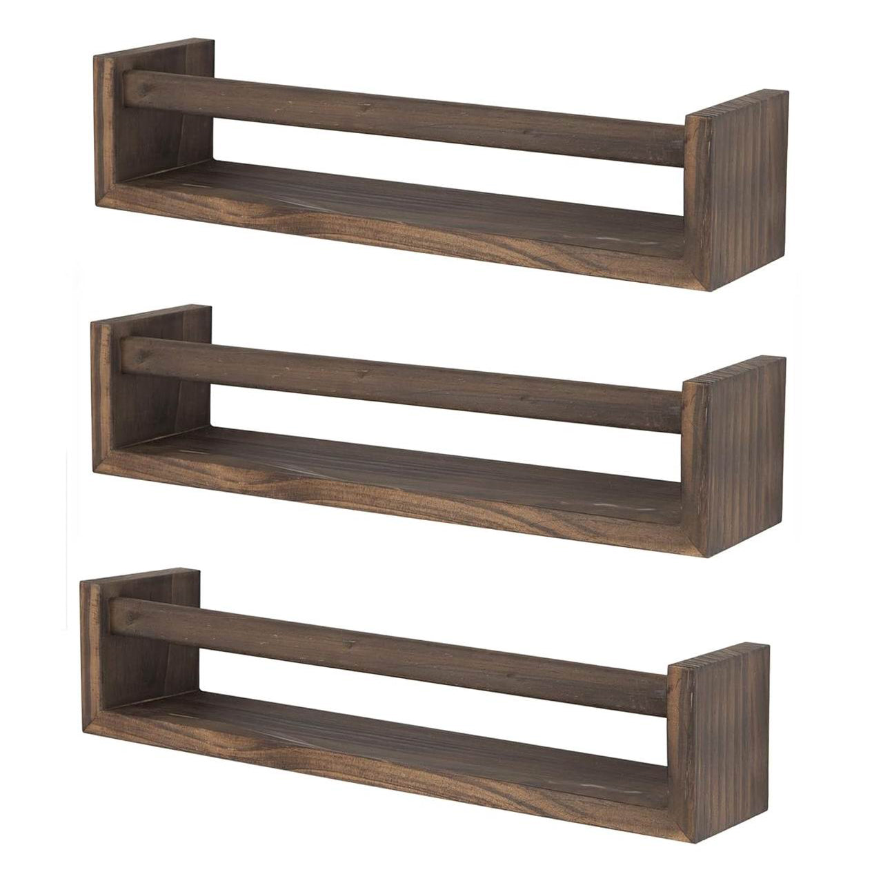 Boudoir Bow-Front Ledge Shelves with Rail – 3-Piece Set (Brown)