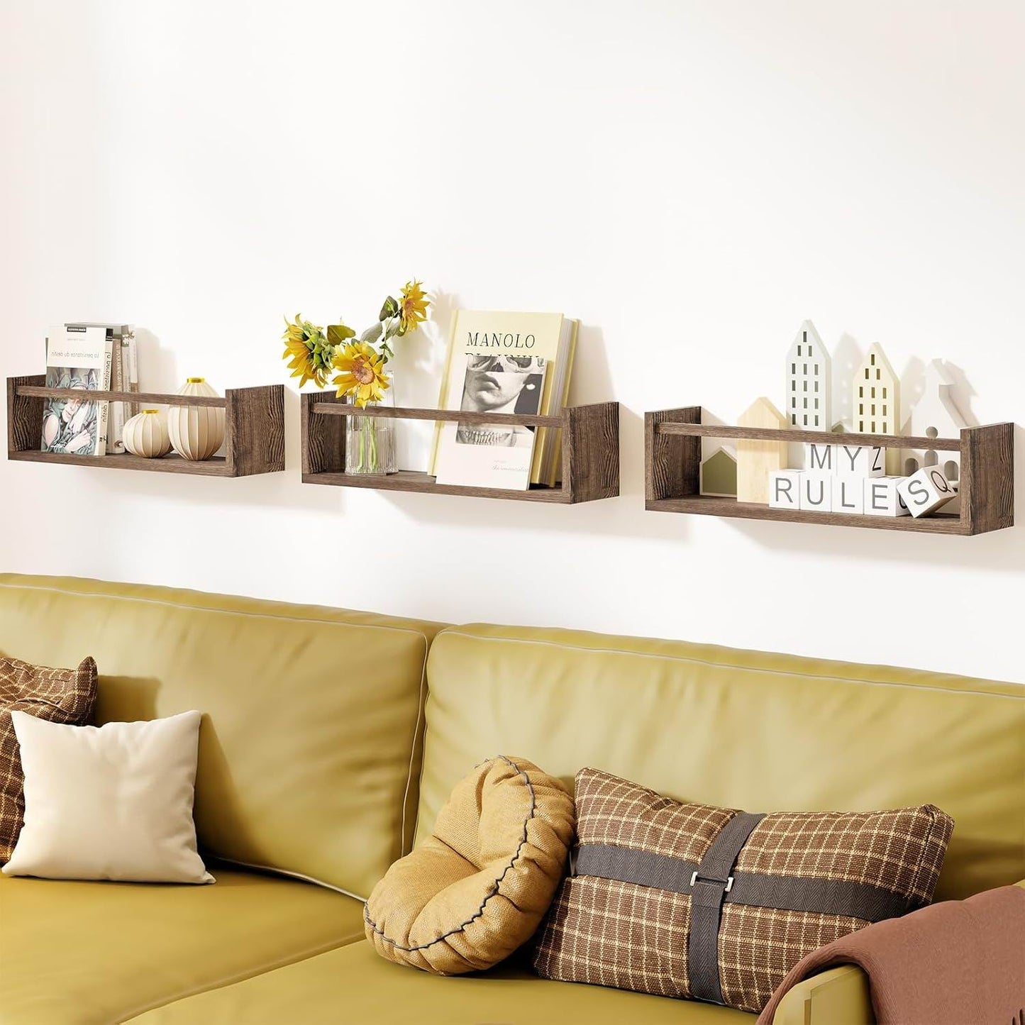 Boudoir Bow-Front Ledge Shelves with Rail – 3-Piece Set (Brown)