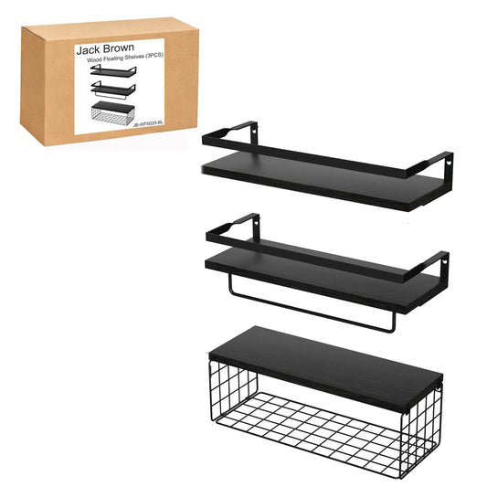 Boudoir Floating Shelf & Storage Basket Set – 3-Piece (Black)