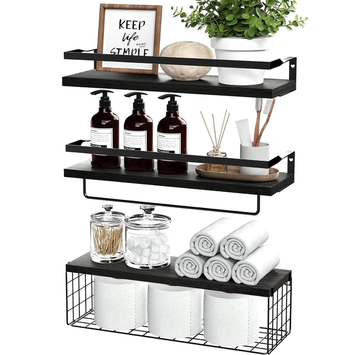 Boudoir Floating Shelf & Storage Basket Set – 3-Piece (Black)