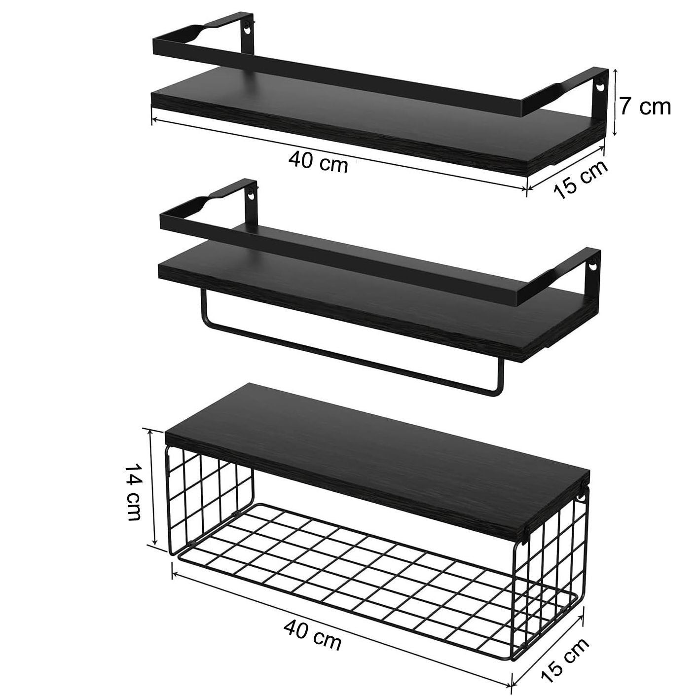 Boudoir Floating Shelf & Storage Basket Set – 3-Piece (Black)