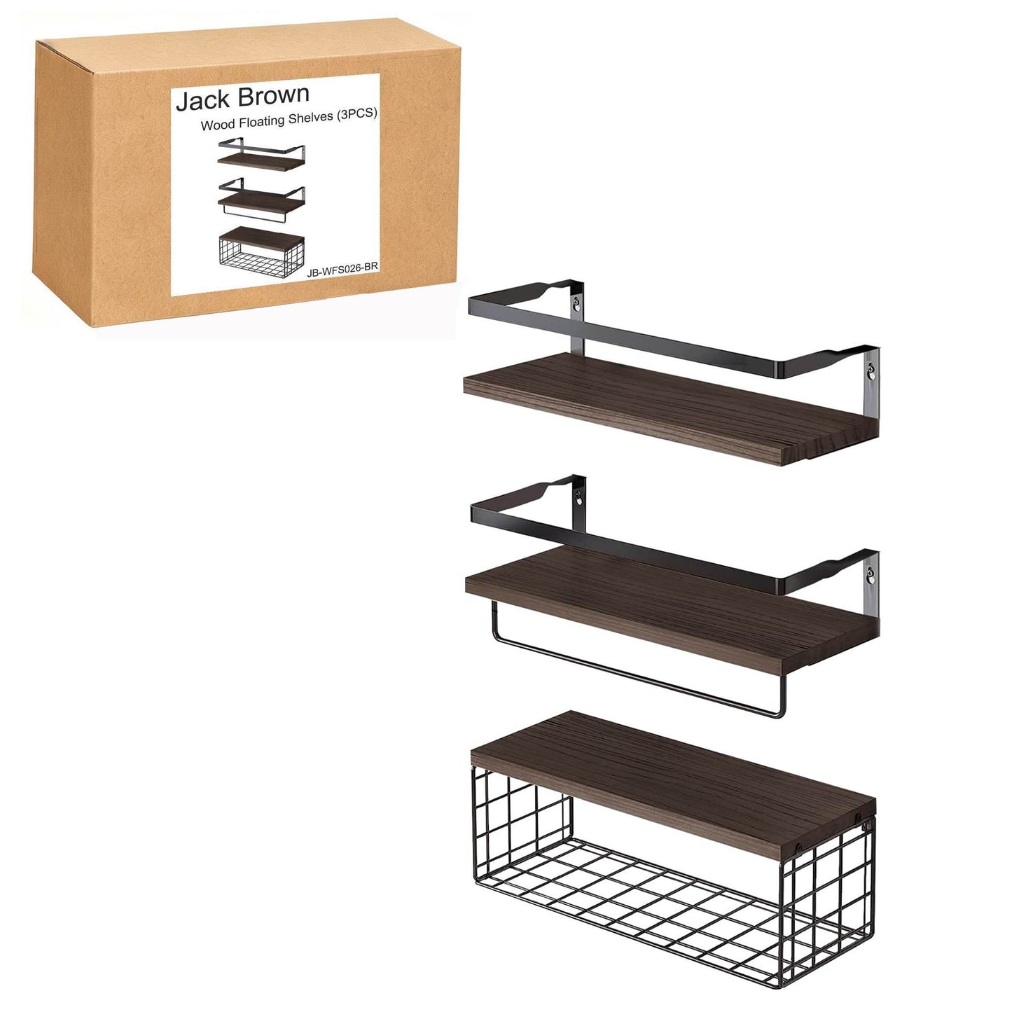 Boudoir Floating Shelf & Storage Basket Set – 3-Piece (Brown)