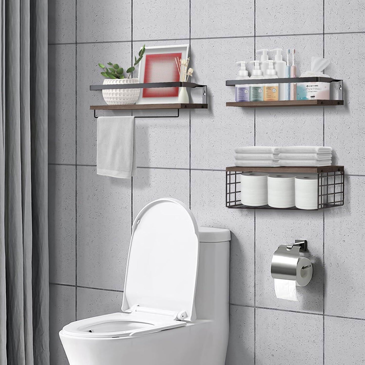 Boudoir Floating Shelf & Storage Basket Set – 3-Piece (Brown)