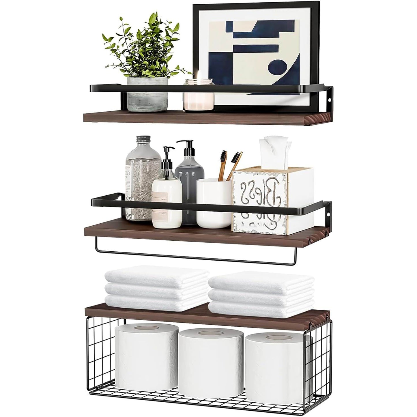 Boudoir Floating Shelf & Storage Basket Set – 3-Piece (Brown)