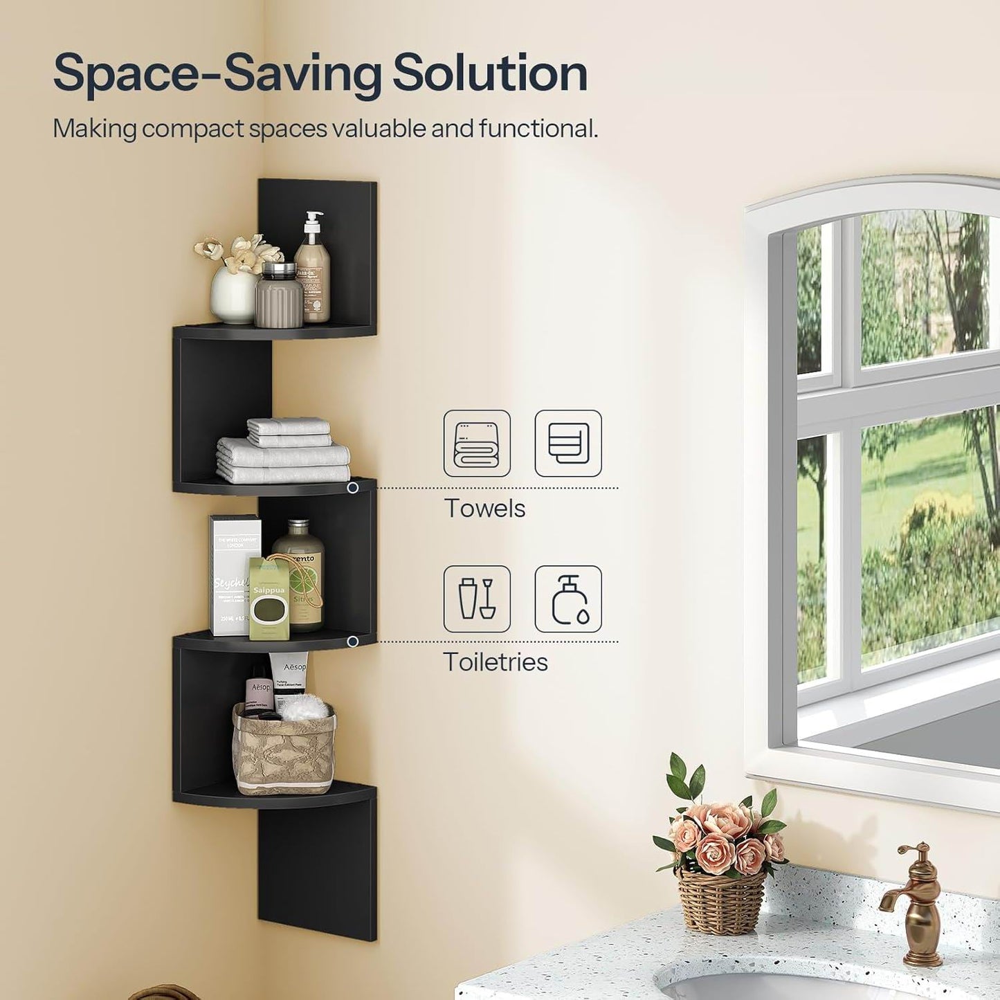 Boudoir 5-Tier Corner Wall Shelf (Black)