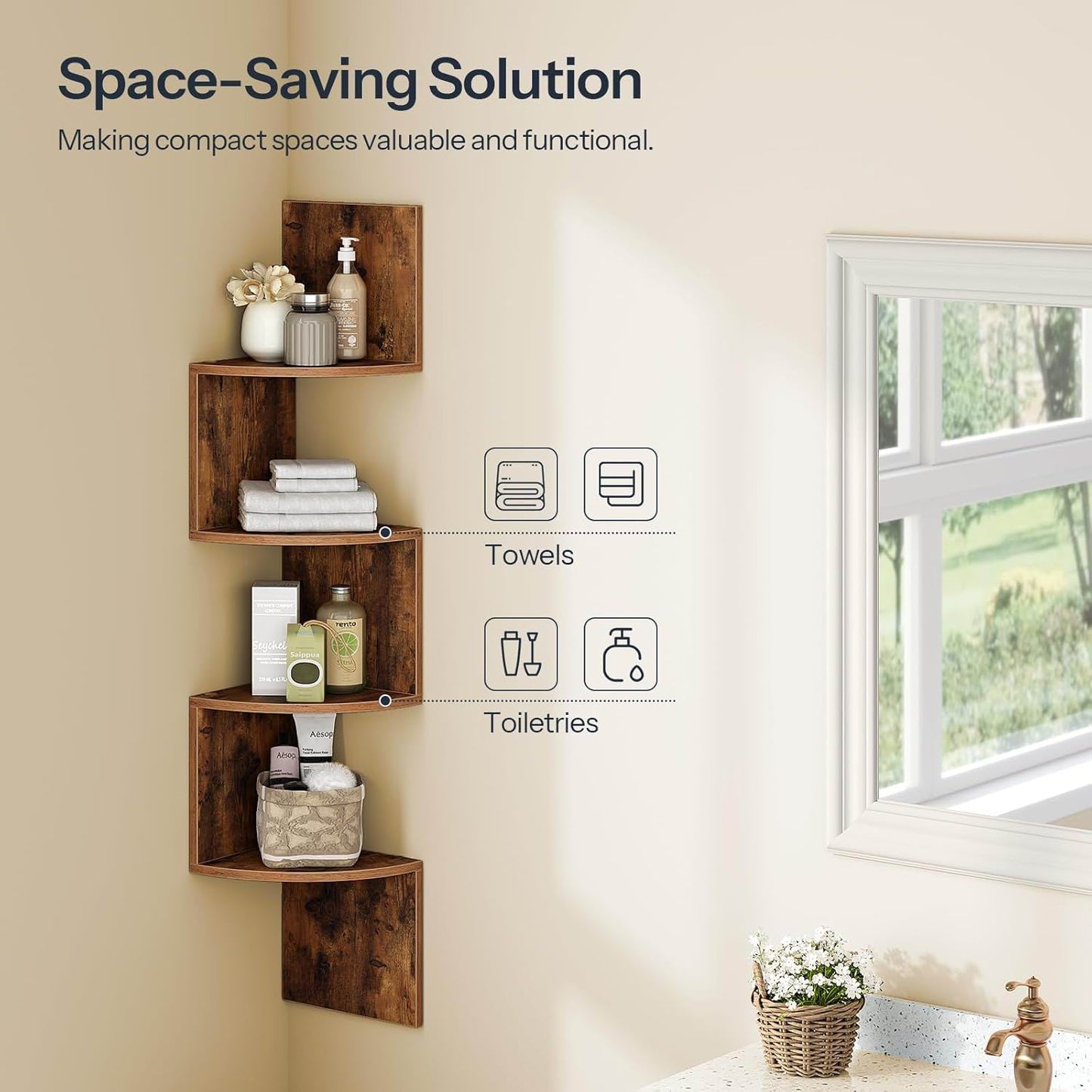 Boudoir 5-Tier Corner Wall Shelf (Brown)
