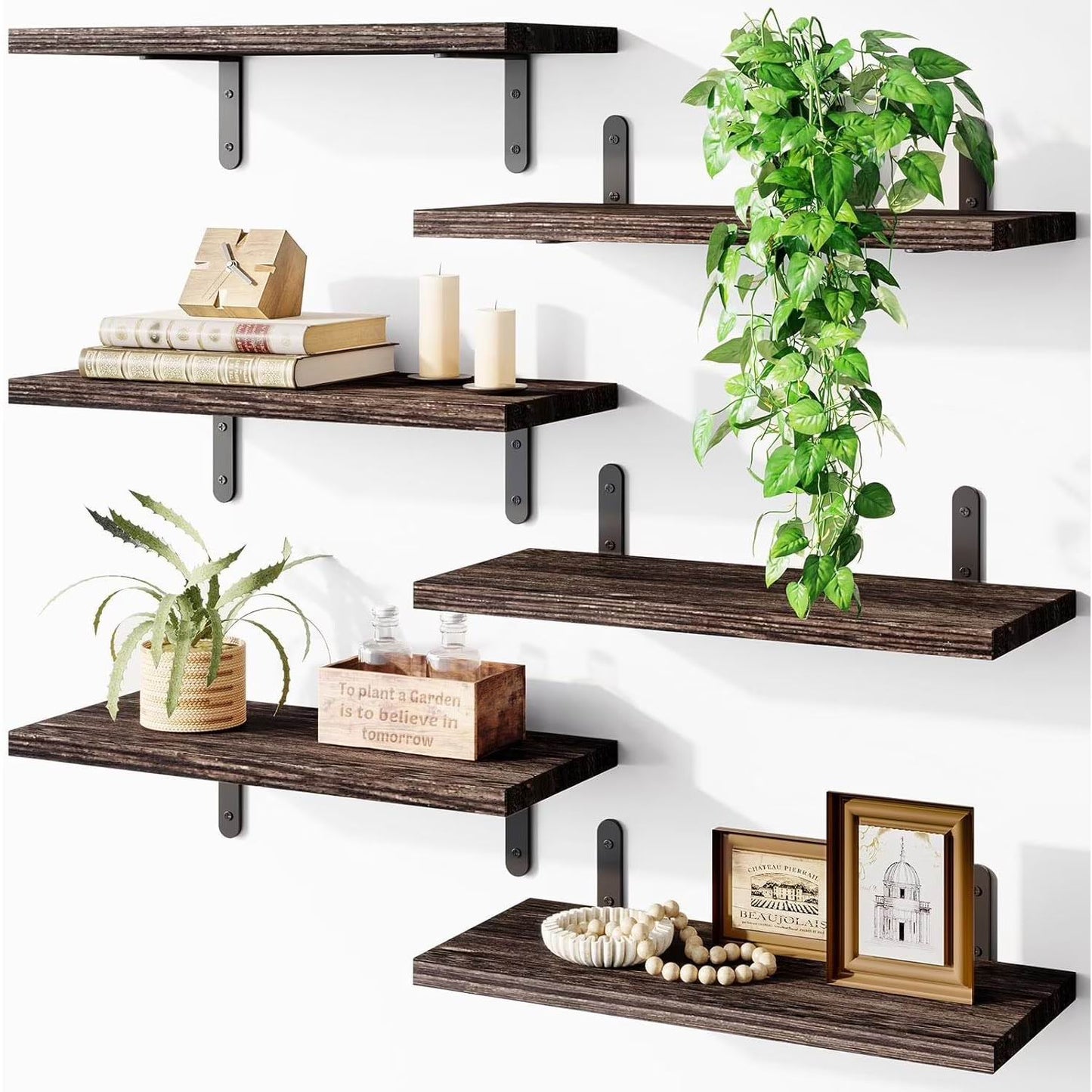 Boudoir Wood Floating Shelves – 6-Piece Set (Brown)