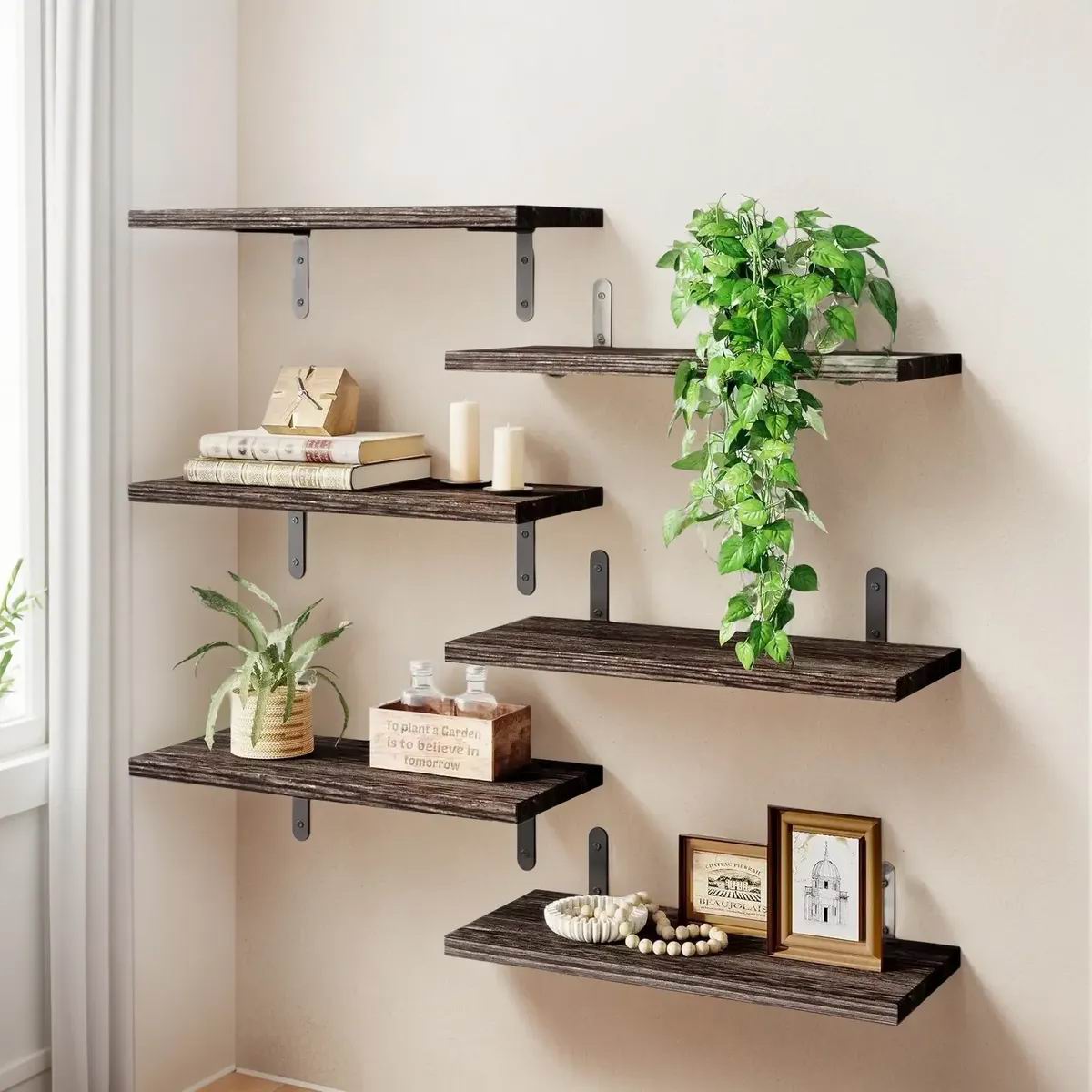 Boudoir Wood Floating Shelves – 6-Piece Set (Brown)