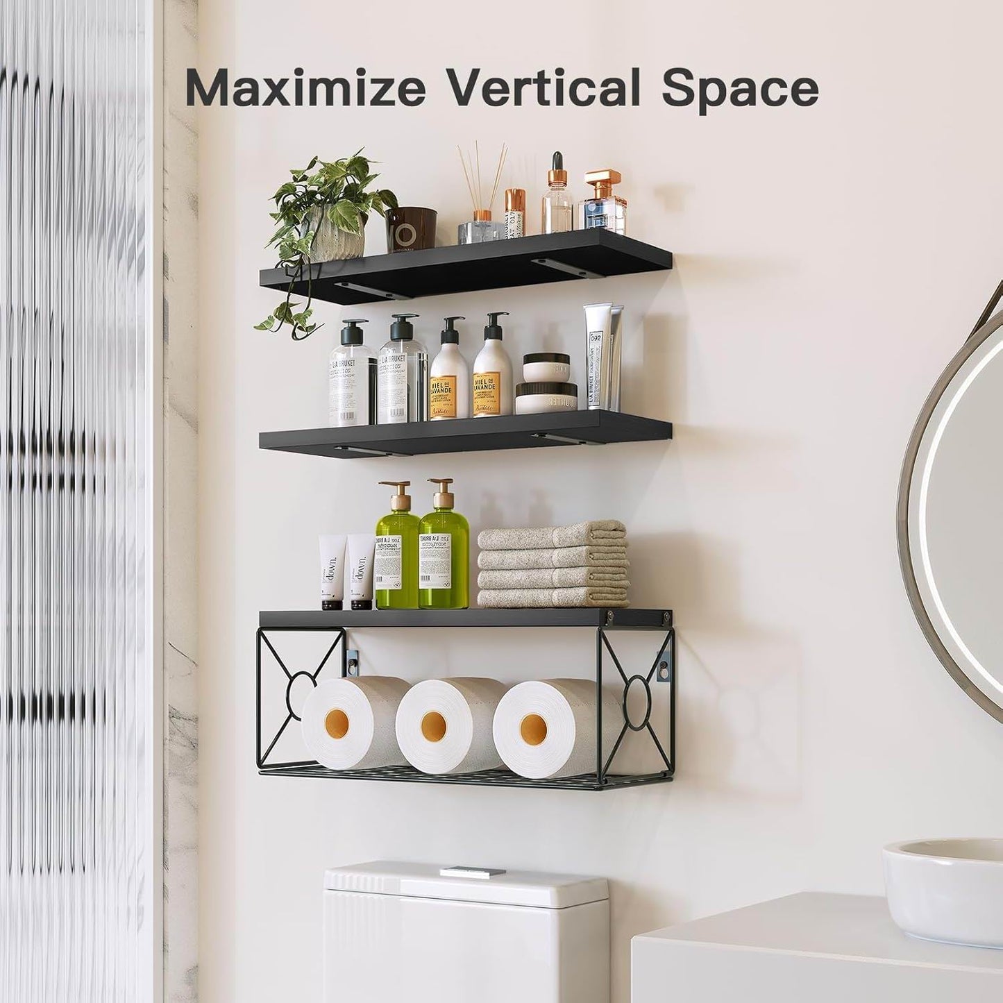 Boudoir Floating Shelf & Decorative Basket Set – 3-Piece (Black)