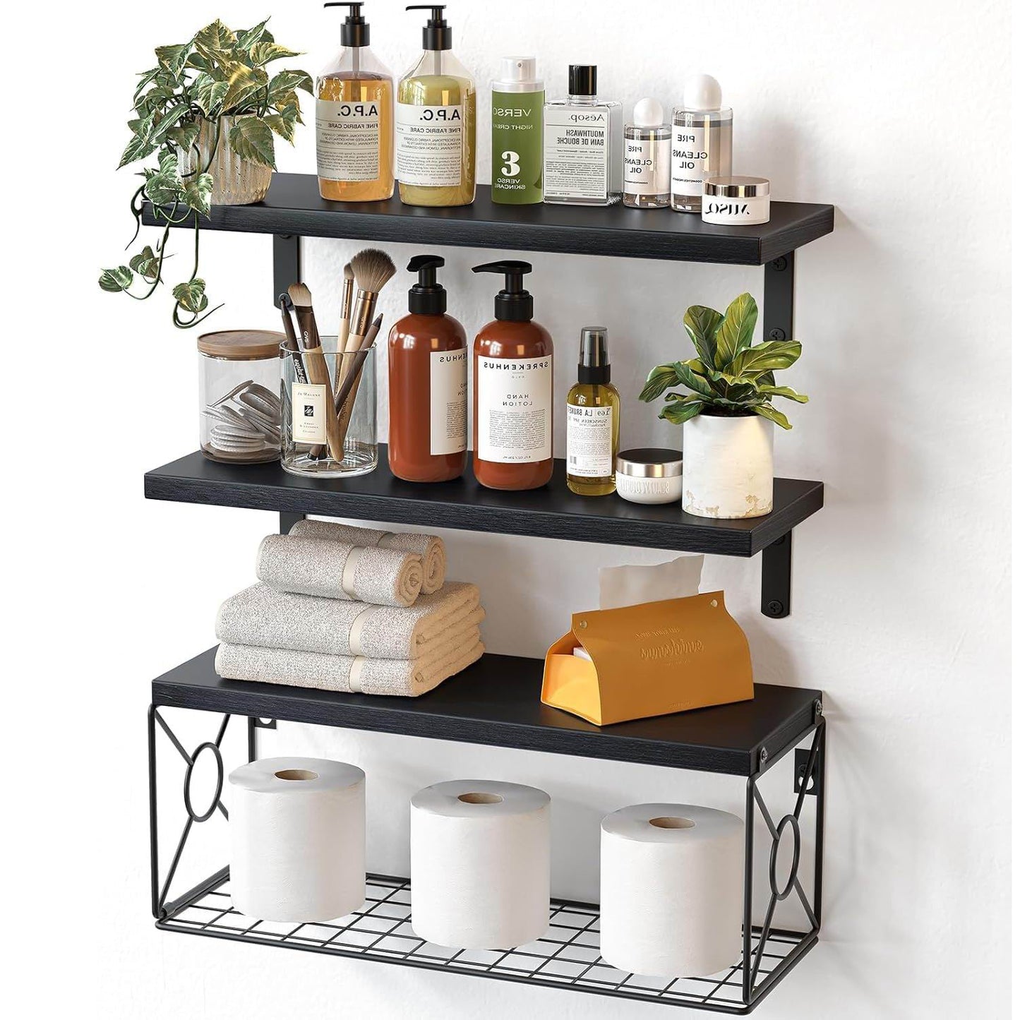 Boudoir Floating Shelf & Decorative Basket Set – 3-Piece (Black)