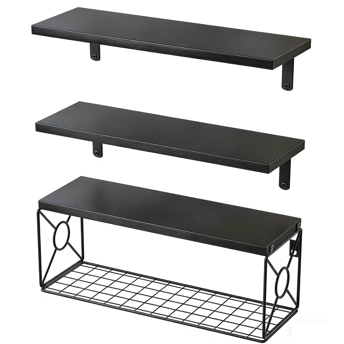 Boudoir Floating Shelf & Decorative Basket Set – 3-Piece (Black)