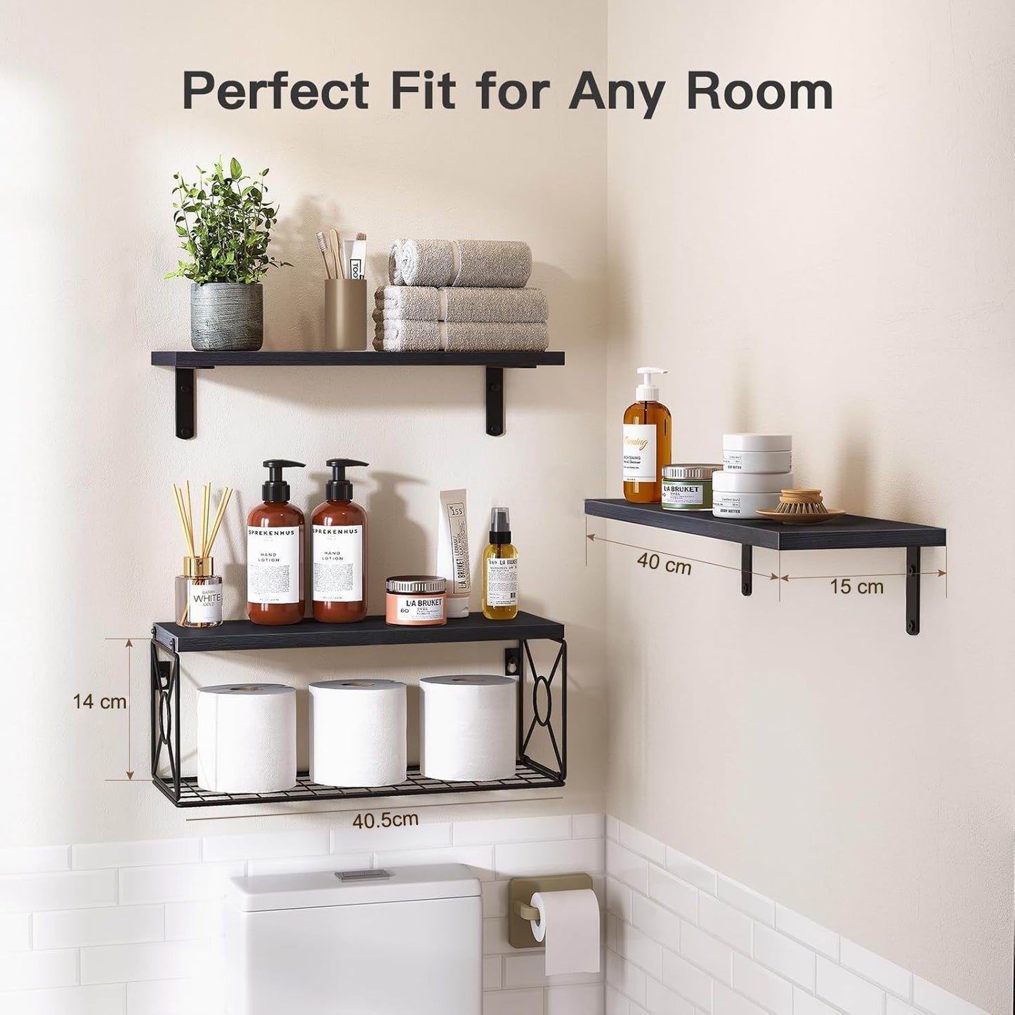 Boudoir Floating Shelf & Decorative Basket Set – 3-Piece (Black)