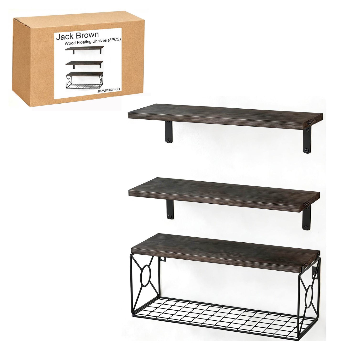 Boudoir Floating Shelf & Decorative Basket Set – 3-Piece (Brown)