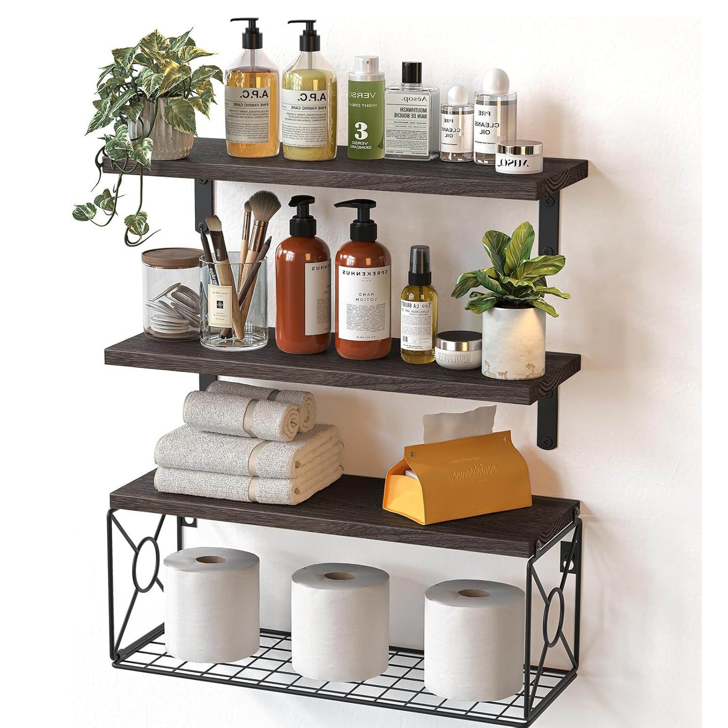 Boudoir Floating Shelf & Decorative Basket Set – 3-Piece (Brown)