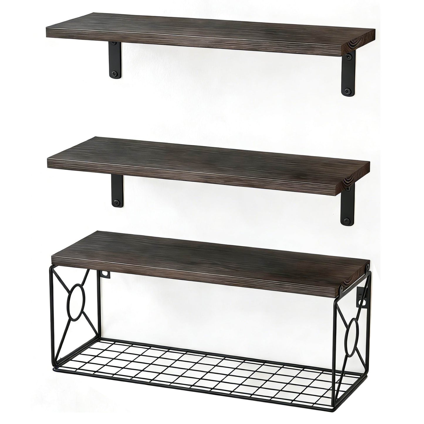 Boudoir Floating Shelf & Decorative Basket Set – 3-Piece (Brown)