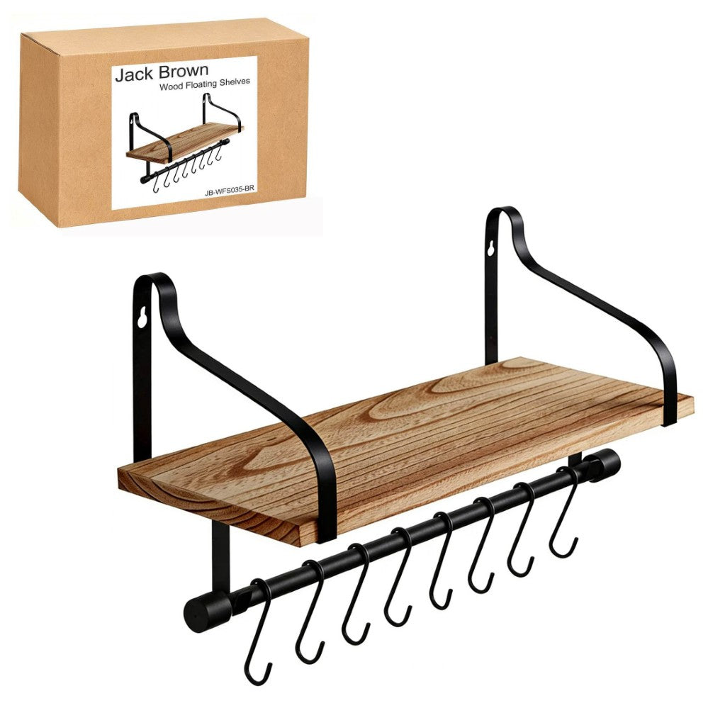 Boudoir Wall Shelf with Hanging Rail & S-Hooks (Brown)