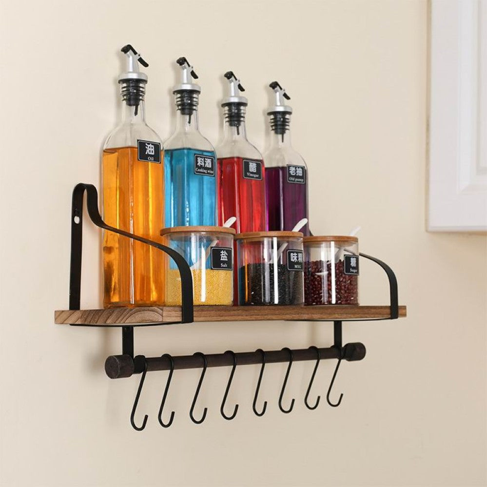 Boudoir Wall Shelf with Hanging Rail & S-Hooks (Brown)