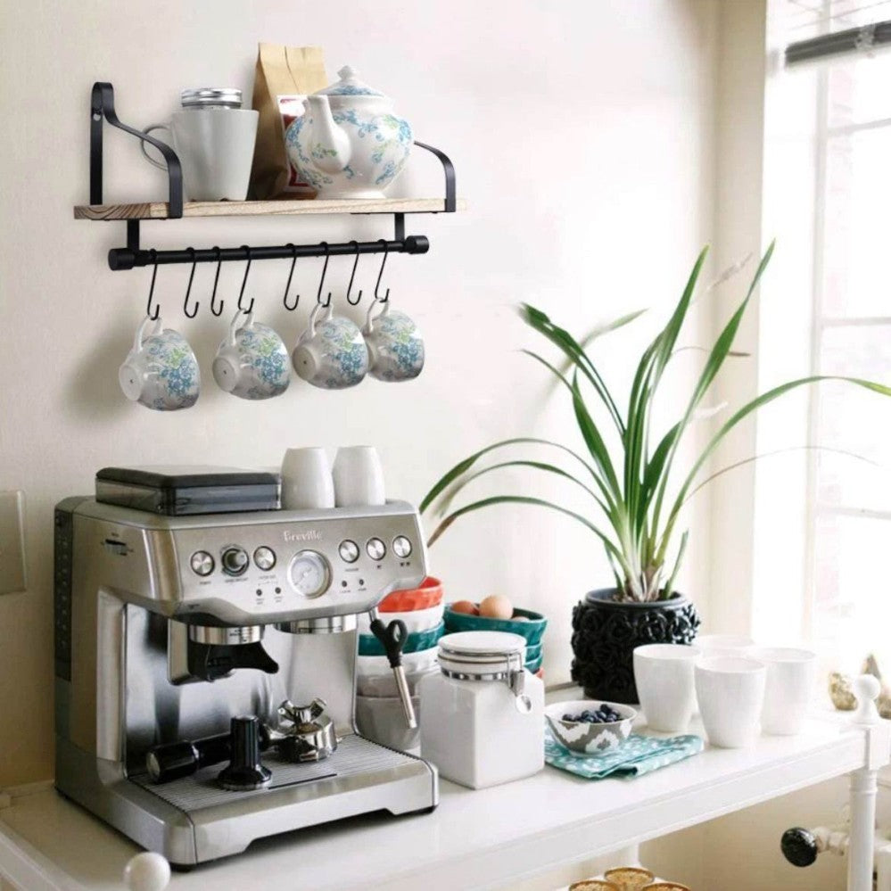 Boudoir Wall Shelf with Hanging Rail & S-Hooks (Brown)