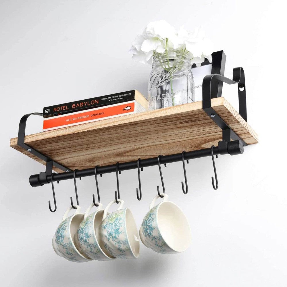 Boudoir Wall Shelf with Hanging Rail & S-Hooks (Brown)