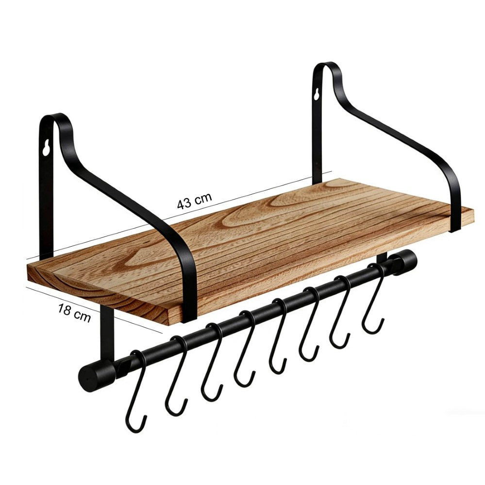 Boudoir Wall Shelf with Hanging Rail & S-Hooks (Brown)