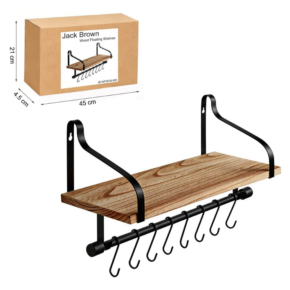 Boudoir Wall Shelf with Hanging Rail & S-Hooks (Brown)