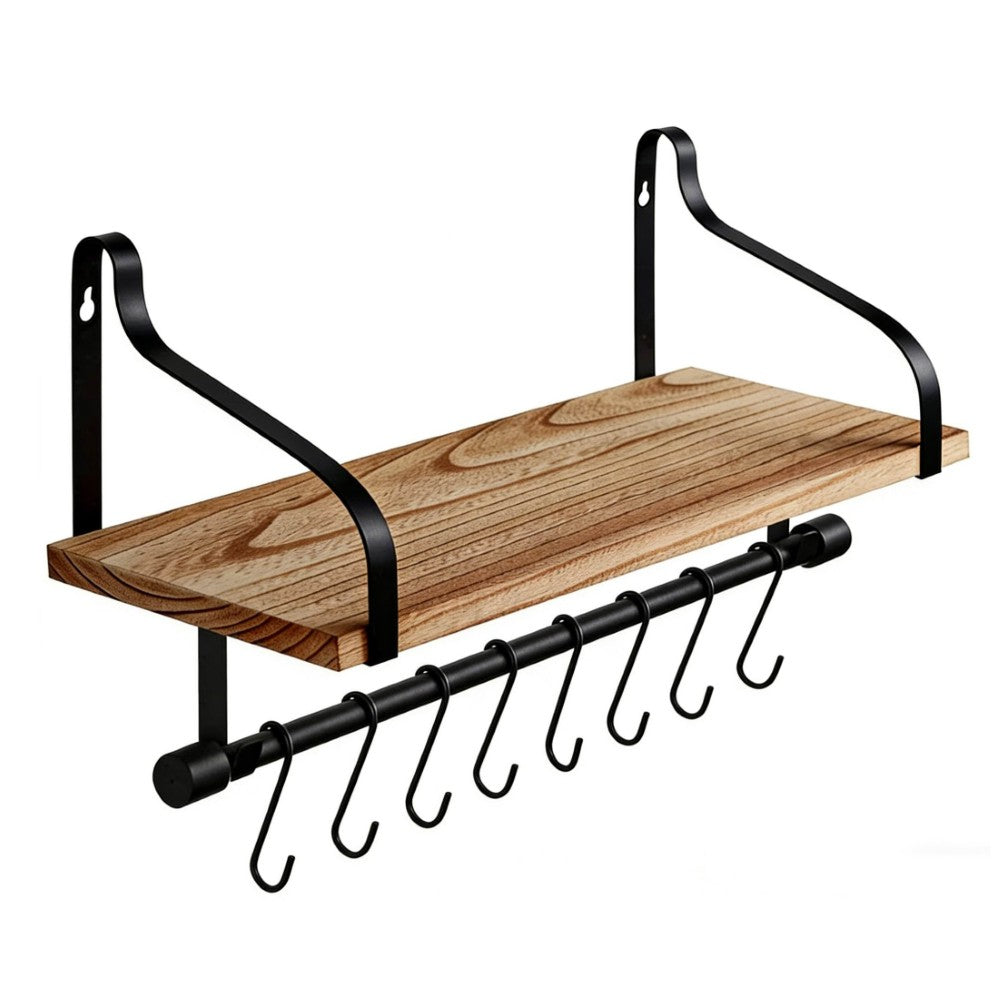 Boudoir Wall Shelf with Hanging Rail & S-Hooks (Brown)