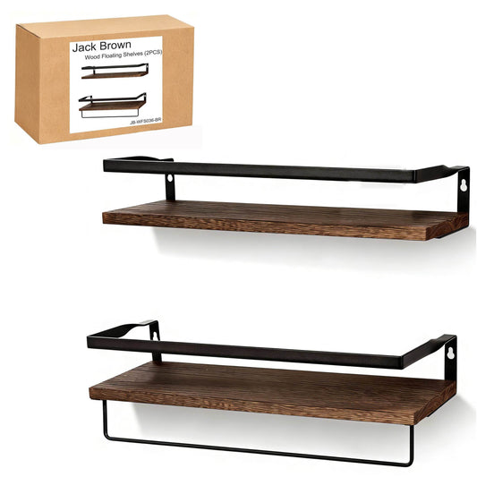Boudoir Rustic Floating Shelves with Rail – 2-Piece Set (Brown)