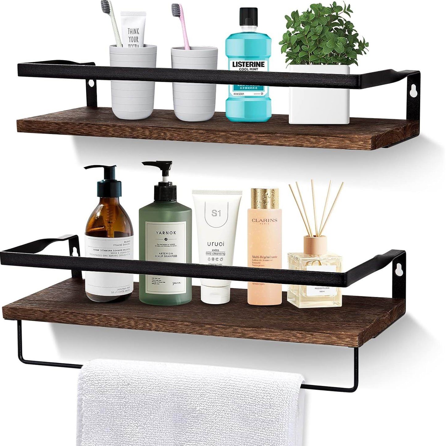Boudoir Rustic Floating Shelves with Rail – 2-Piece Set (Brown)