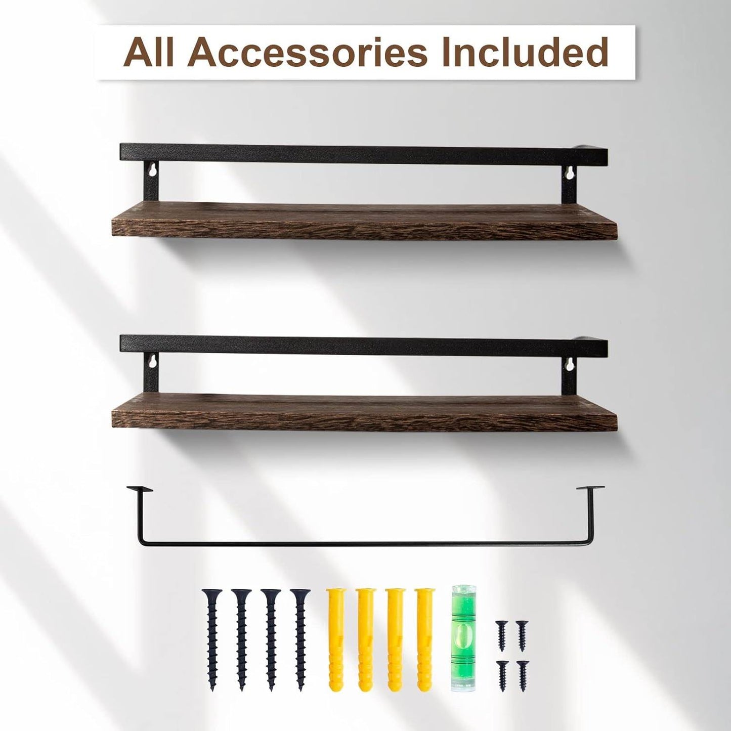 Boudoir Rustic Floating Shelves with Rail – 2-Piece Set (Brown)