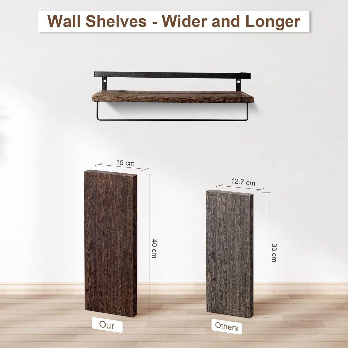 Boudoir Rustic Floating Shelves with Rail – 2-Piece Set (Brown)