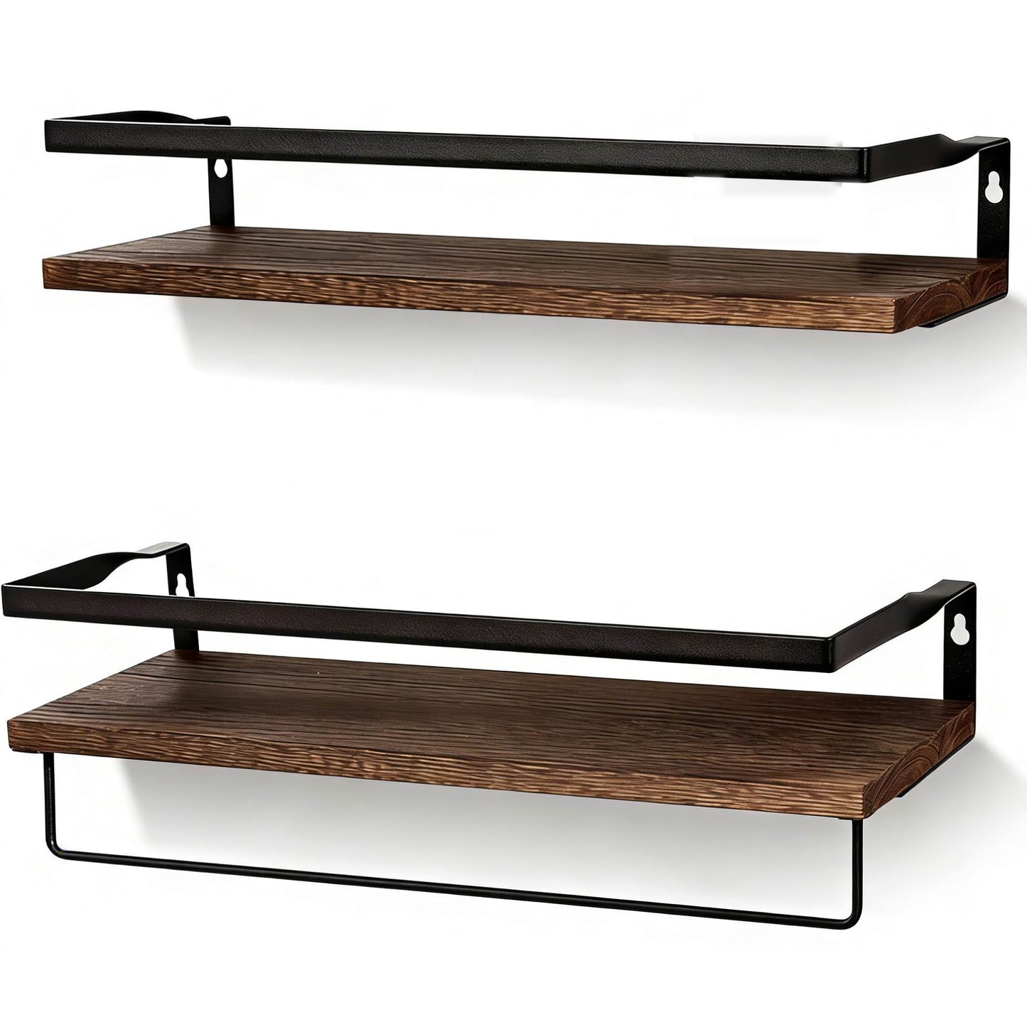 Boudoir Rustic Floating Shelves with Rail – 2-Piece Set (Brown)