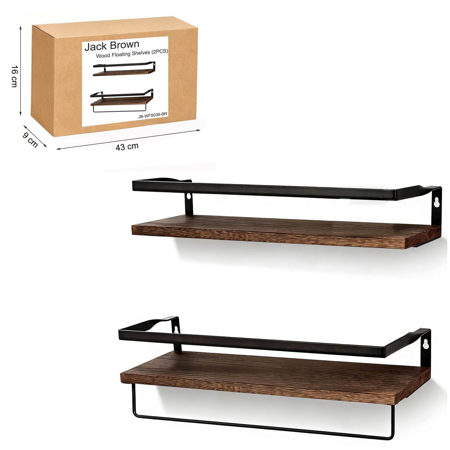 Boudoir Rustic Floating Shelves with Rail – 2-Piece Set (Brown)