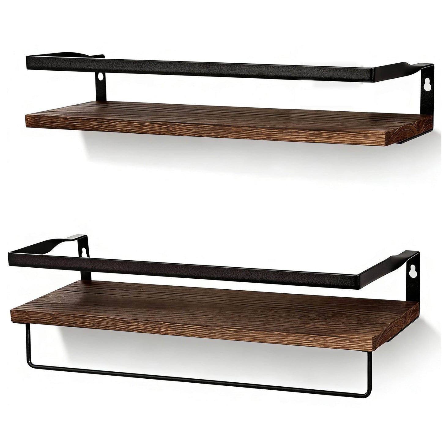 Boudoir Rustic Floating Shelves with Rail – 2-Piece Set (Brown)