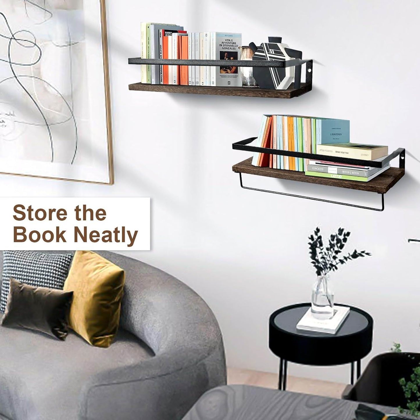 Boudoir Rustic Floating Shelves with Rail – 2-Piece Set (Brown)