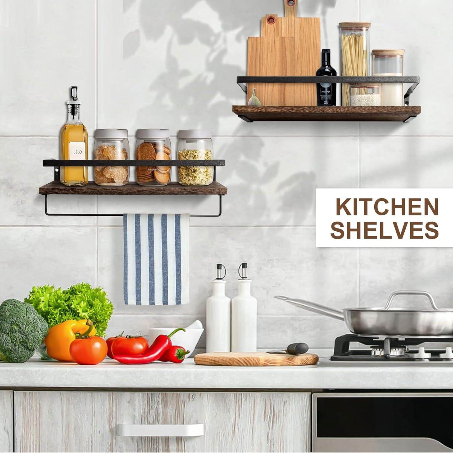Boudoir Rustic Floating Shelves with Rail – 2-Piece Set (Brown)
