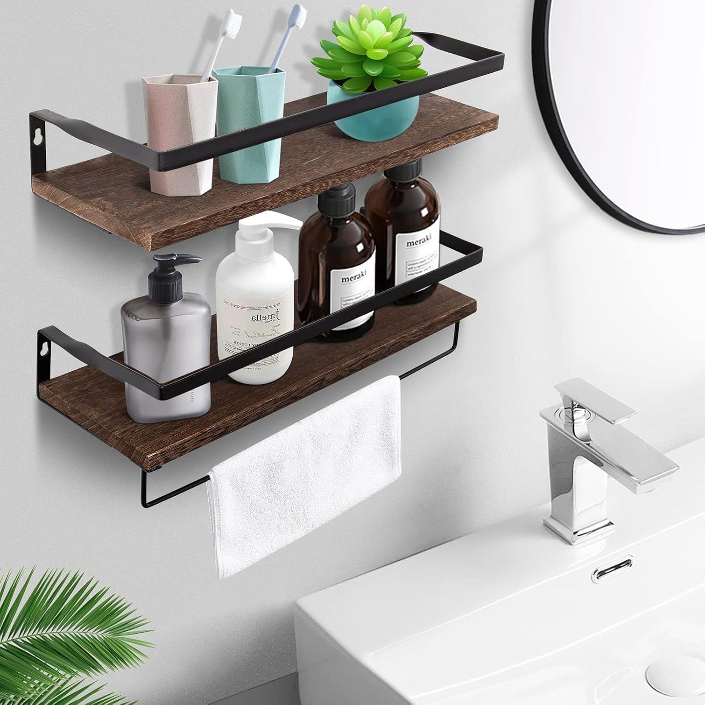 Boudoir Rustic Floating Shelves with Rail – 2-Piece Set (Brown)
