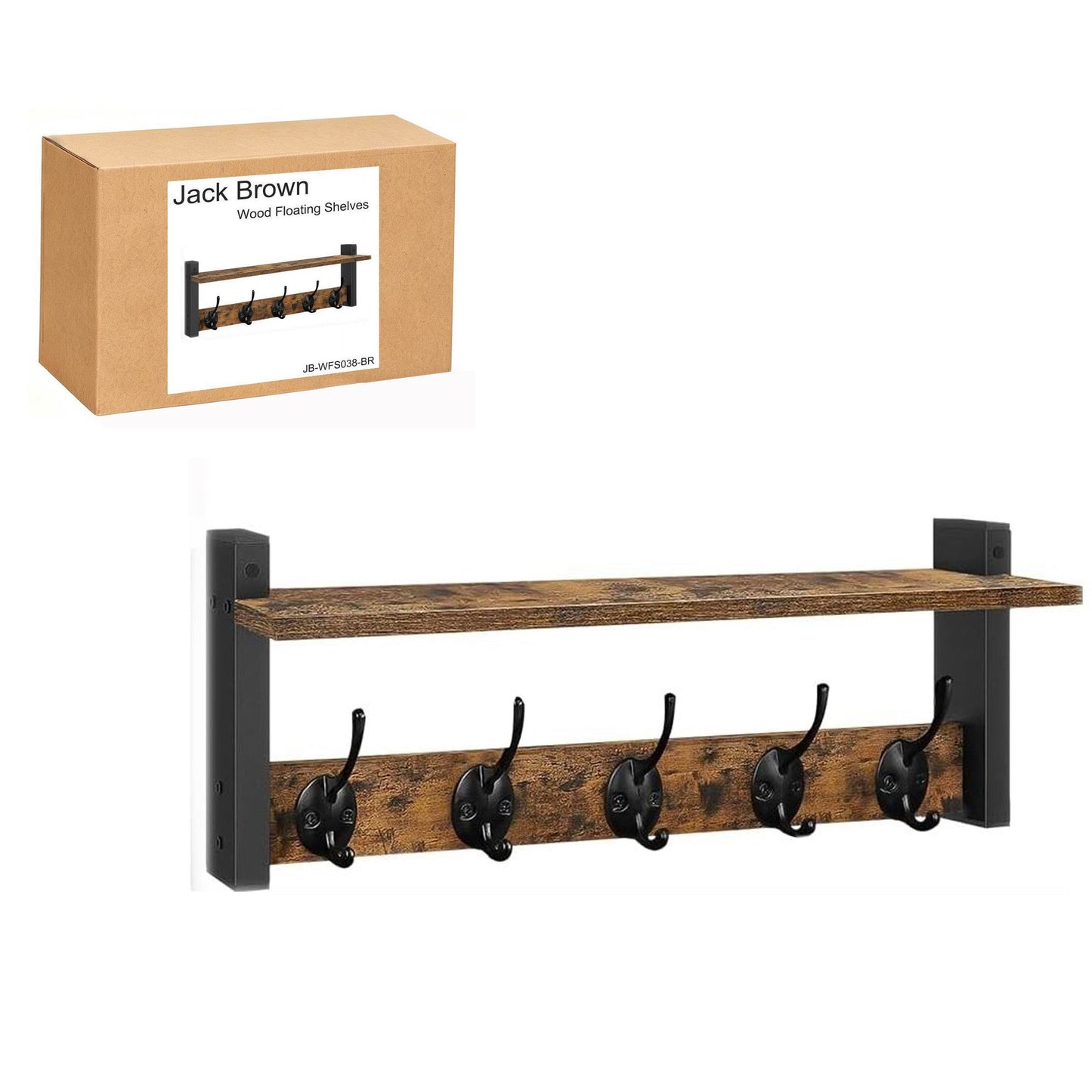 Boudoir Wall Shelf with 5 Coat Hooks (Brown)
