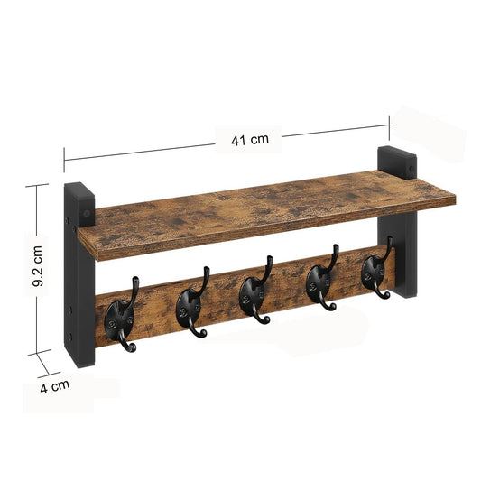 Boudoir Wall Shelf with 5 Coat Hooks (Brown)
