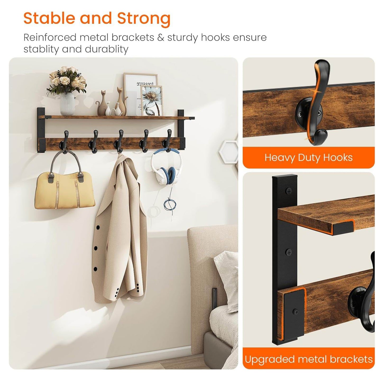 Boudoir Wall Shelf with 5 Coat Hooks (Brown)