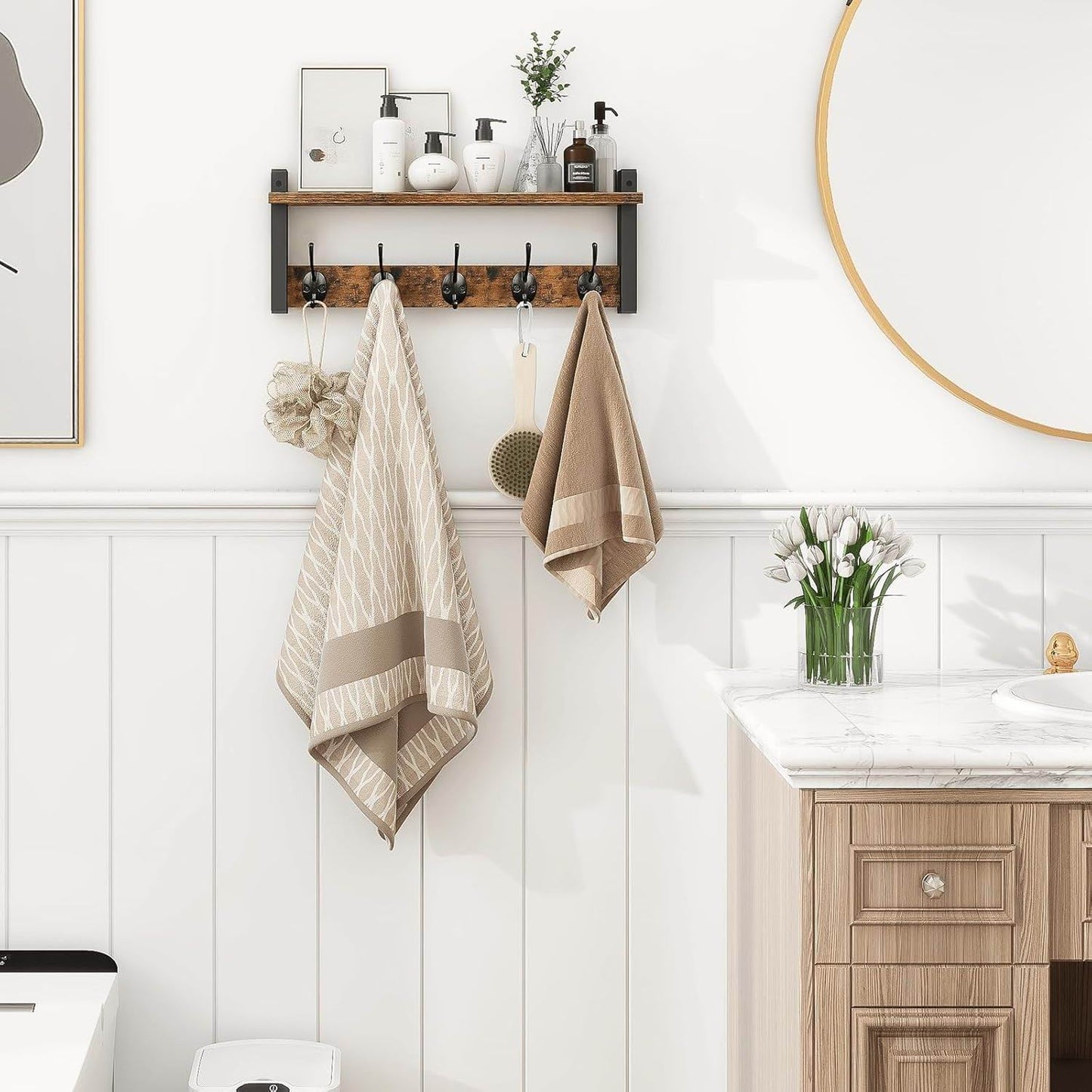 Boudoir Wall Shelf with 5 Coat Hooks (Brown)