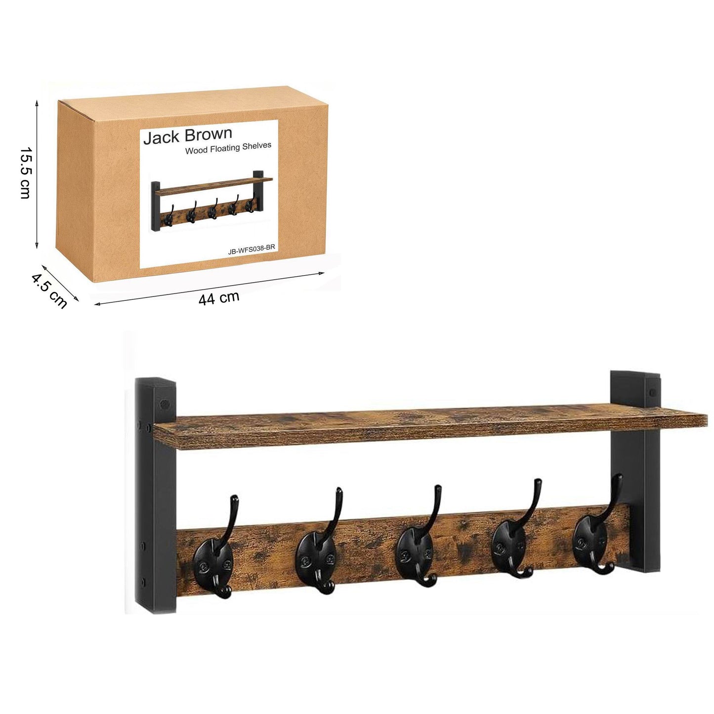 Boudoir Wall Shelf with 5 Coat Hooks (Brown)