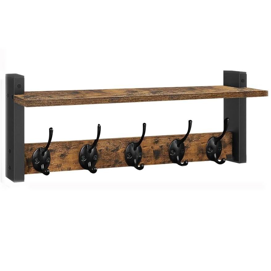 Boudoir Wall Shelf with 5 Coat Hooks (Brown)