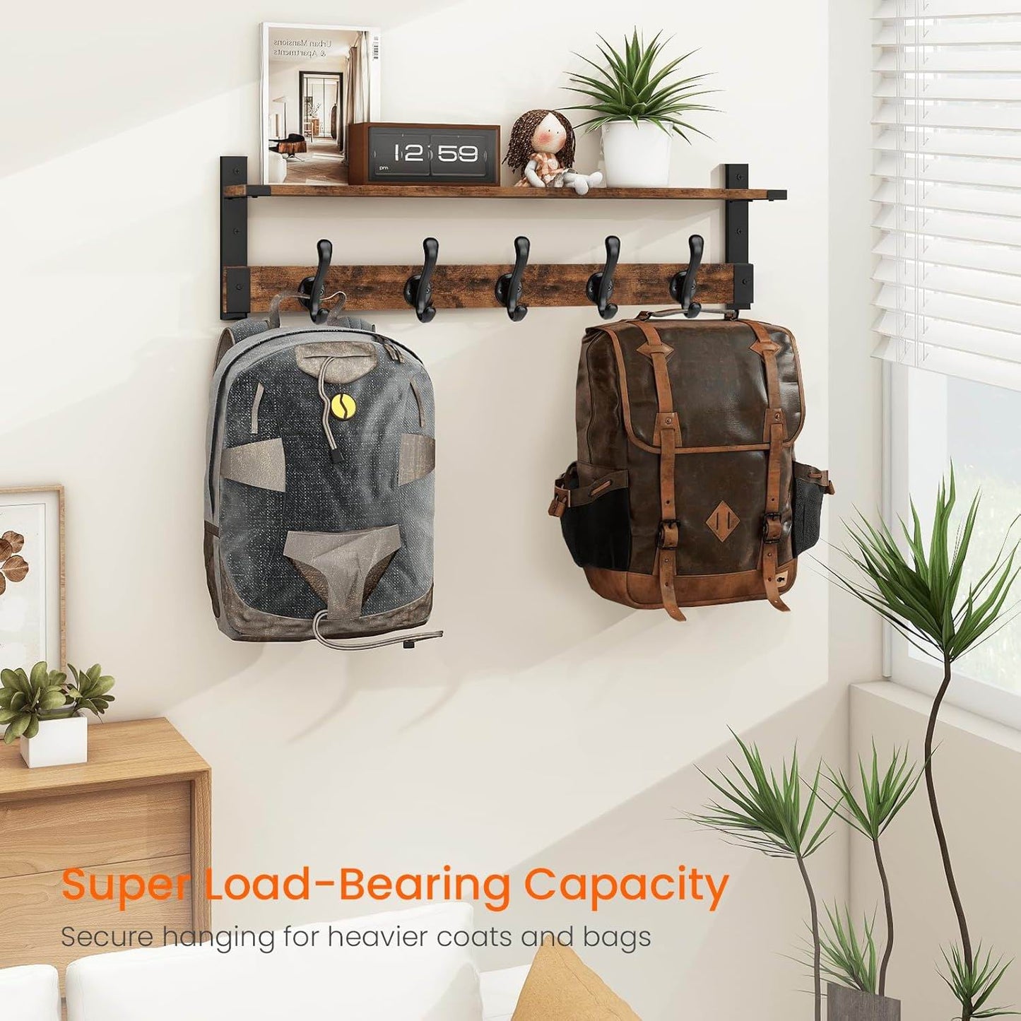 Boudoir Wall Shelf with 5 Coat Hooks (Brown)