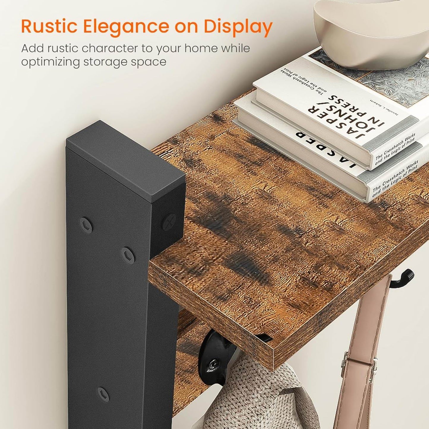 Boudoir Wall Shelf with 5 Coat Hooks (Brown)
